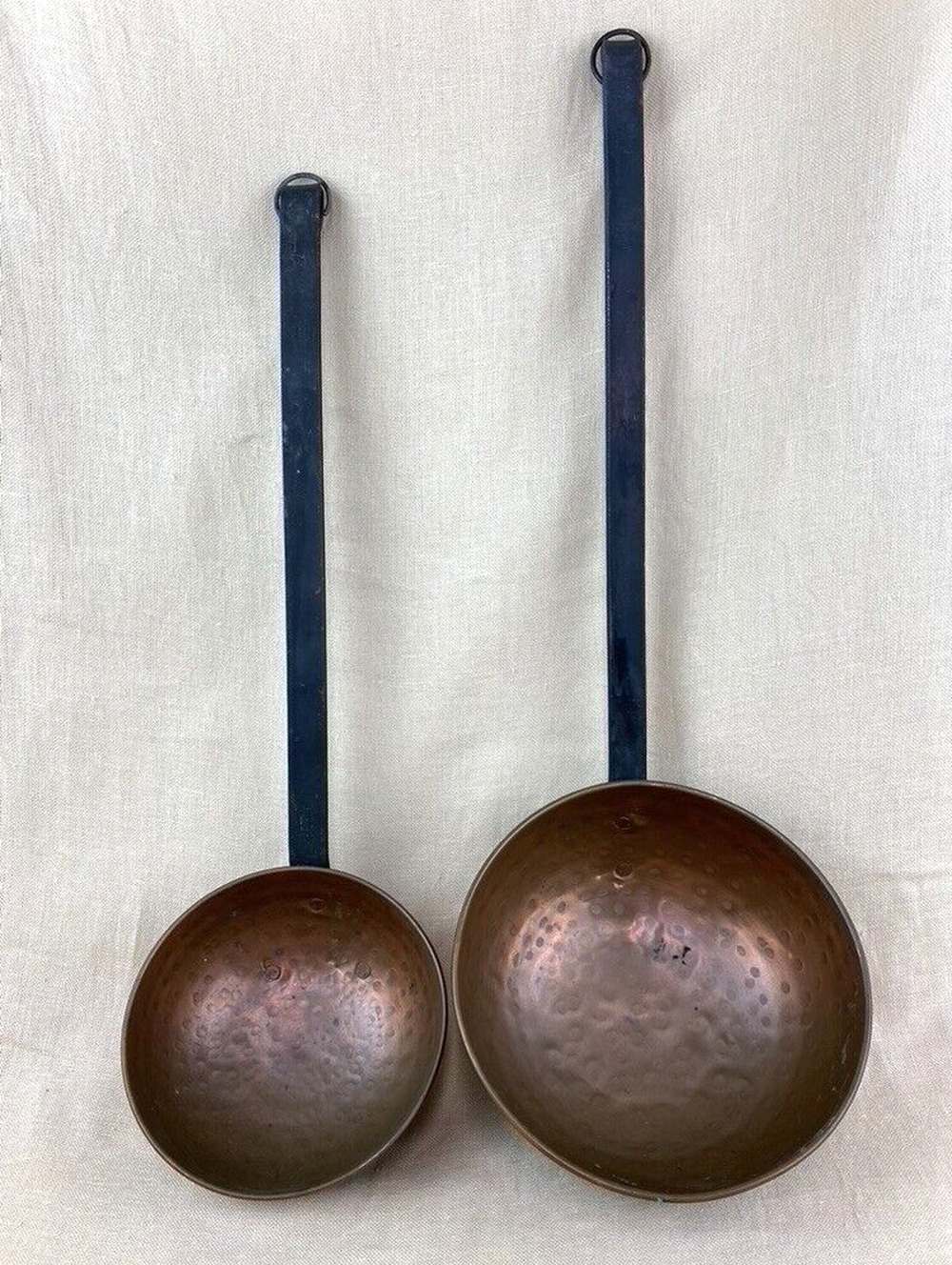 Set of 2 Copper Sauce Pots Ladles with Long Forged Iron Handles